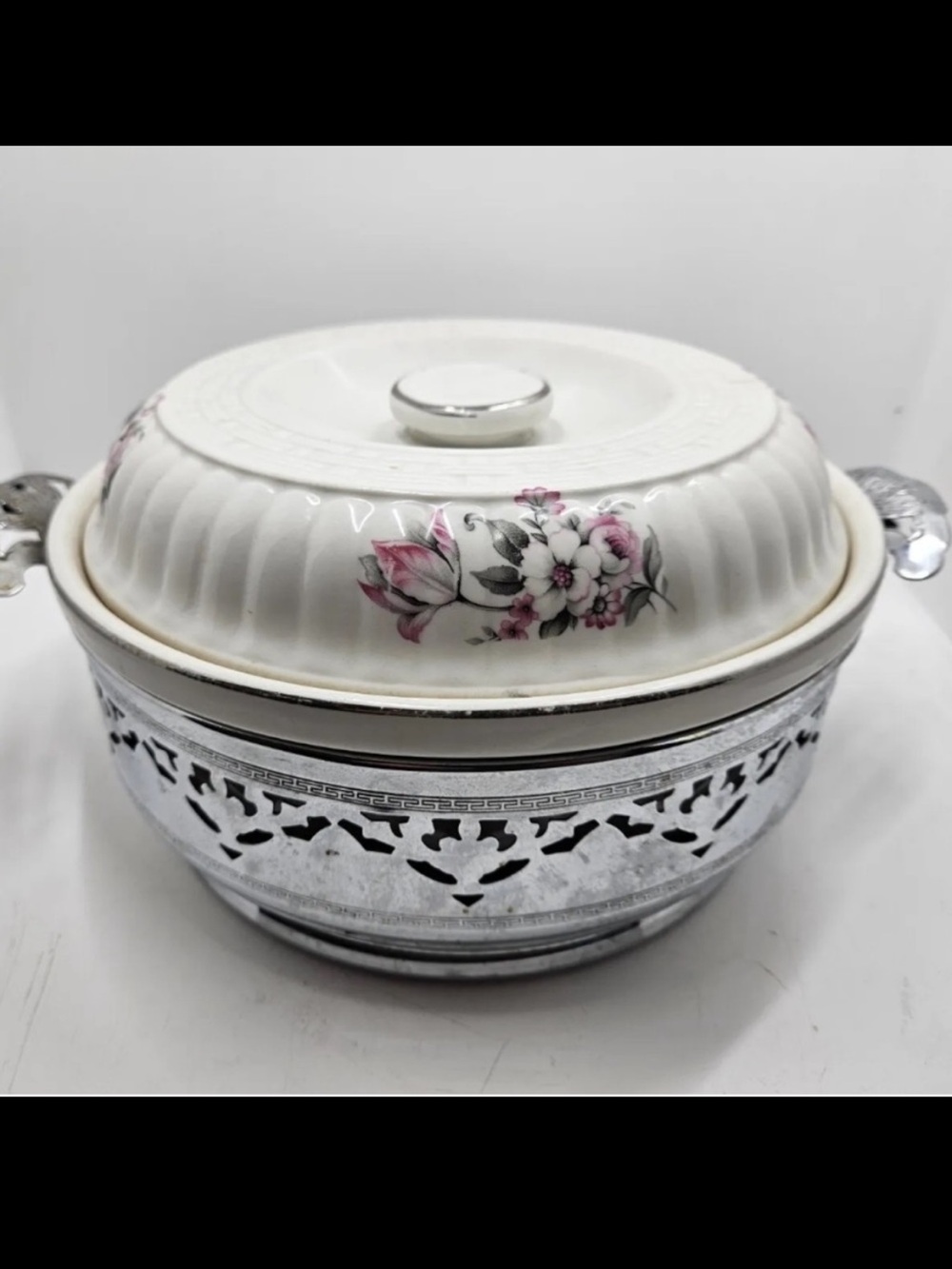Vintage Forman Family Casserole Dish Chrome Trivet Pink Floral Pattern 2 Qt